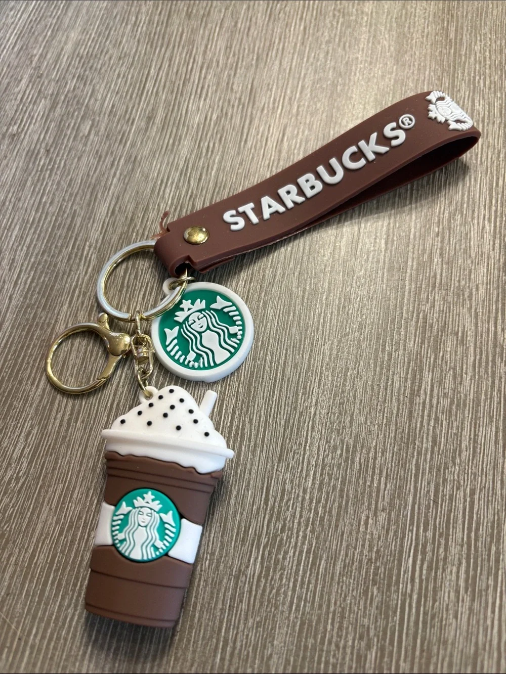 Starbucks Brown Silicone Wrist Keychain with Cup & Logo Charms